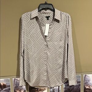 Ann Taylor Taupe Geometric Button Down Shirt